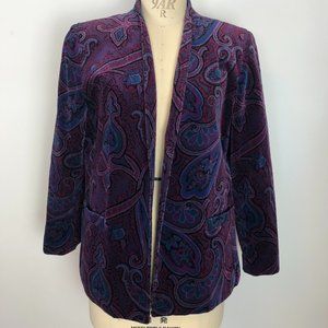 Vintage 80s Velvet Collarless Open Front Blazer Jacket Oui Petites